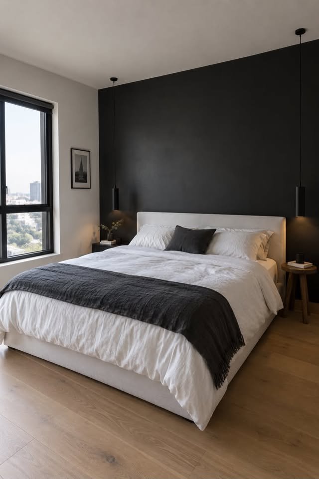 Modern black accent wall behind a white bed in a black and white bedroom