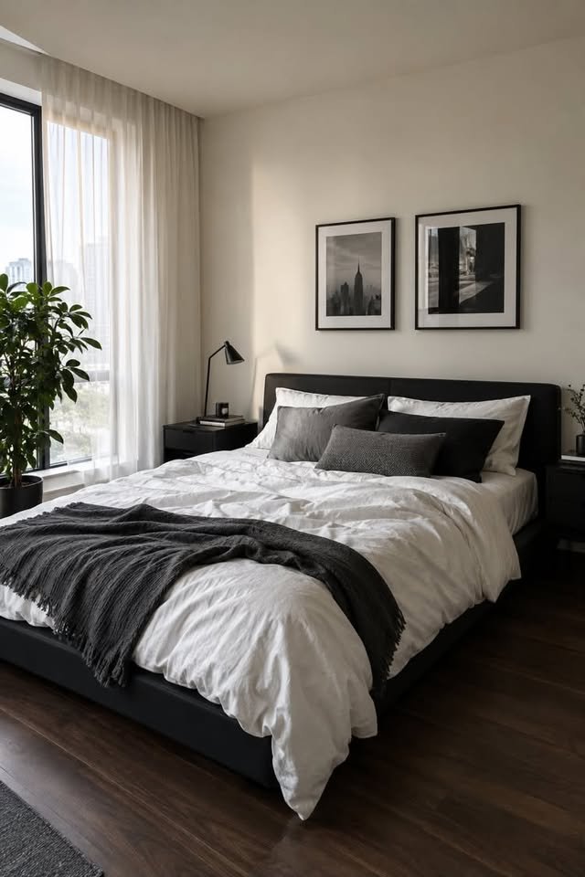 Modern black and white bedroom with black bed frame, white bedding, and natural wood flooring