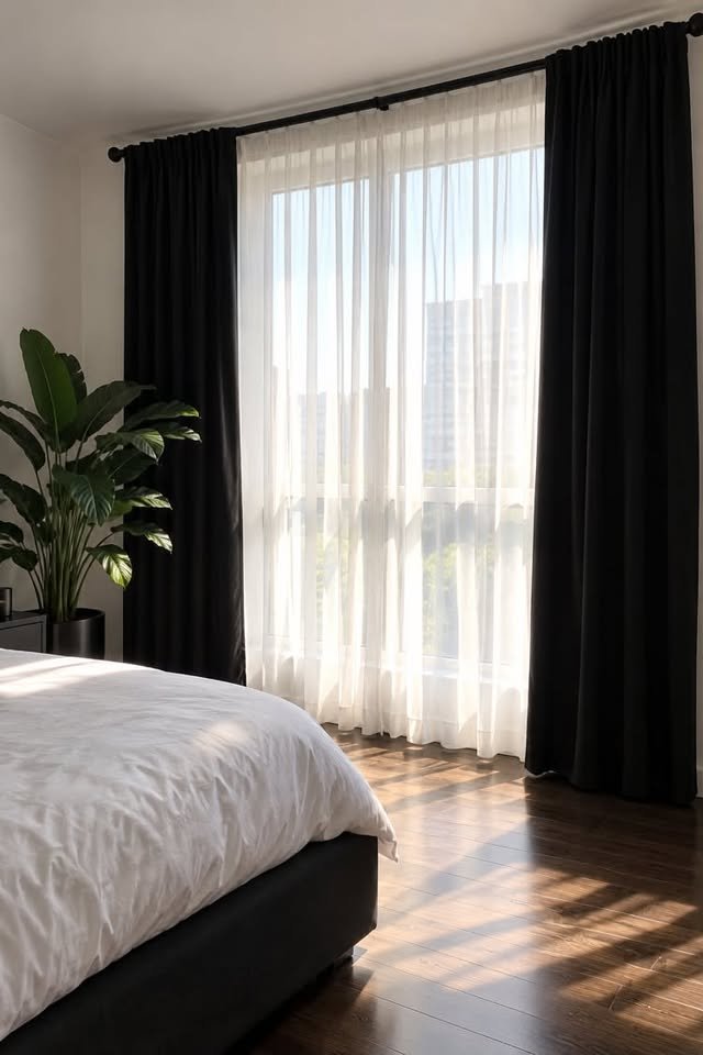  Modern black curtains with white sheer panels in a black and white bedroom
