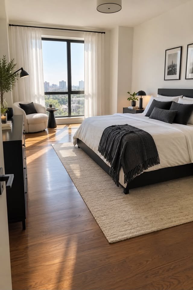 Modern black and white bedroom with black furniture and warm wood flooring