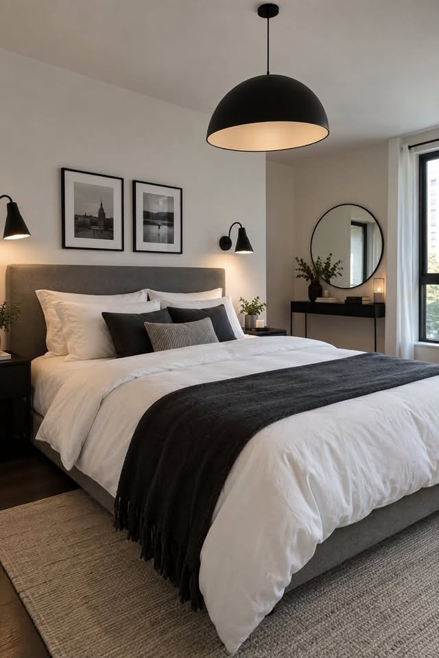  Modern black pendant lighting in a stylish black and white bedroom