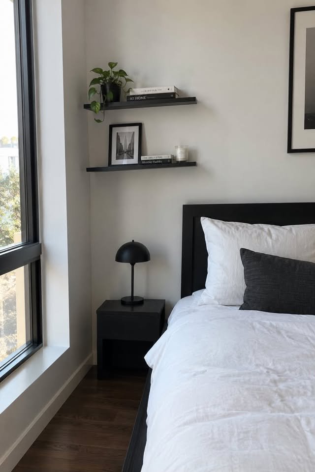 Black floating shelves in a small modern black and white bedroom