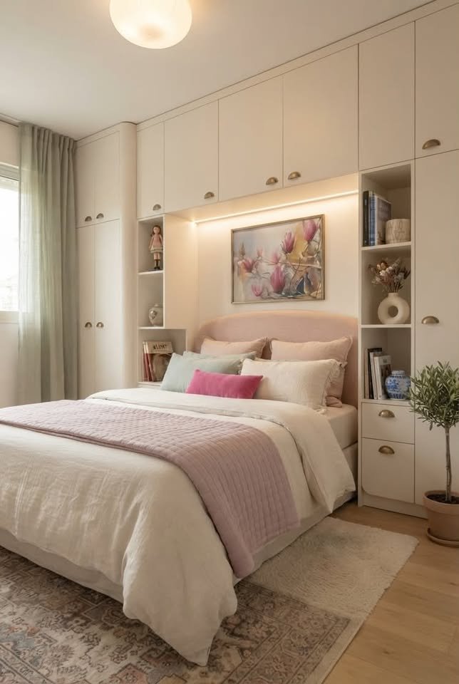 Queen bed surrounded by built-in white storage cabinets in a small bedroom