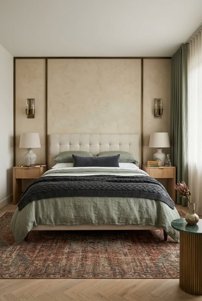 Small bedroom with queen bed centered on main wall, matching nightstands, and sage green bedding