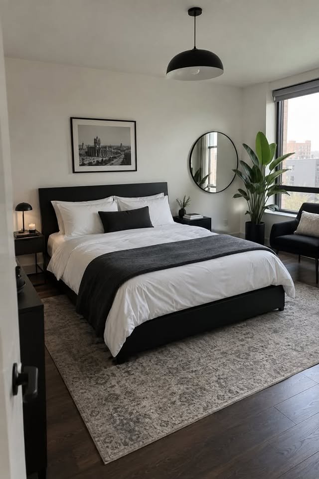 Decluttered modern black and white bedroom with black furniture and white walls