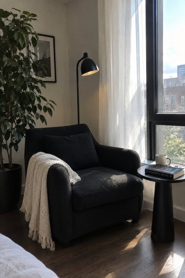 Black accent chair and reading corner in a modern black and white bedroom