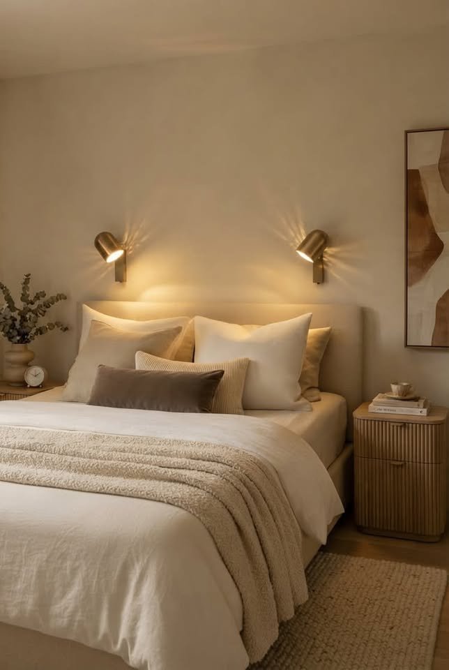 Small modern bedroom with low profile queen bed, light wood furniture, and soft lilac bedding