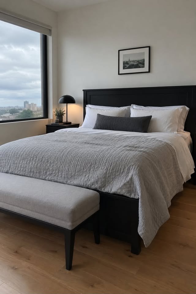 Soft gray, black, and white bedroom with layered neutral bedding
