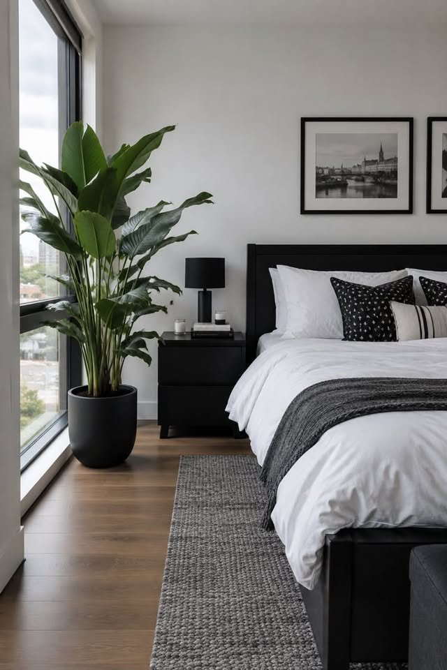 Black and white bedroom with a large green plant beside the window