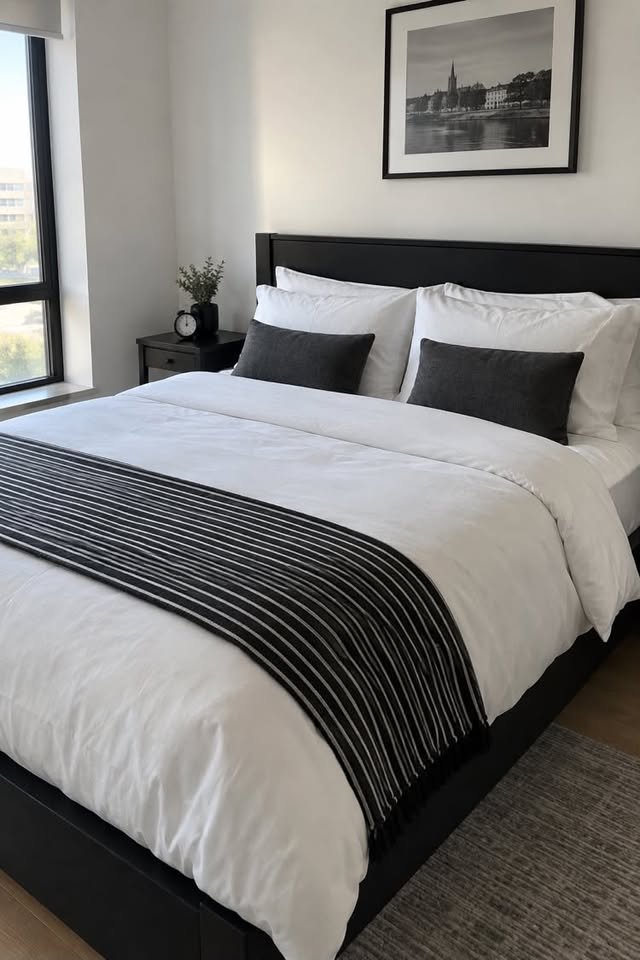  Hotel-inspired black and white bed with layered white and charcoal bedding