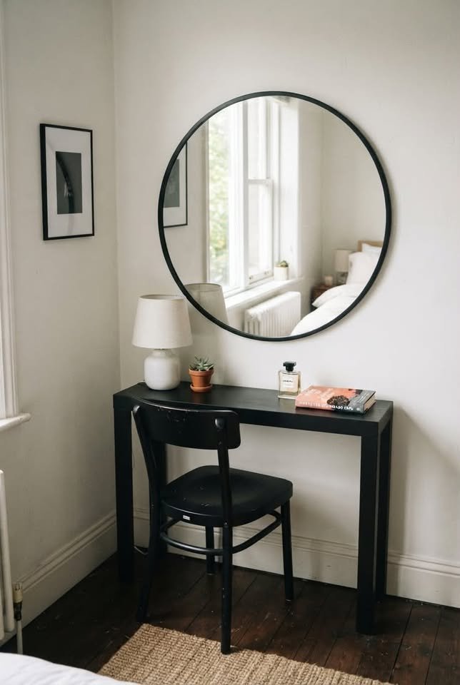 Round black-framed mirror above a console in a modern black and white bedroom