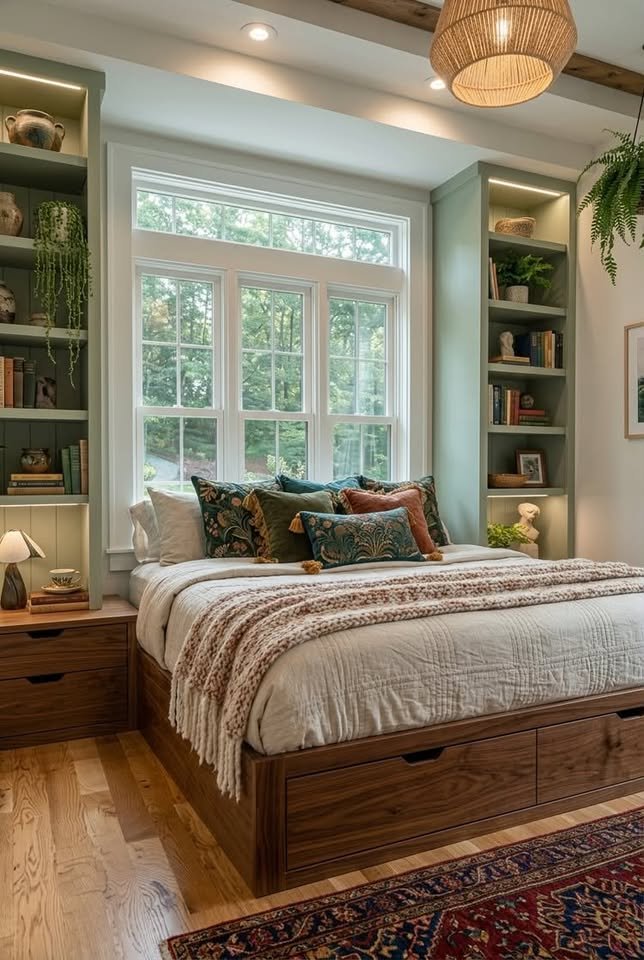 Queen bed placed under window in small bedroom with low profile bed frame and light curtains