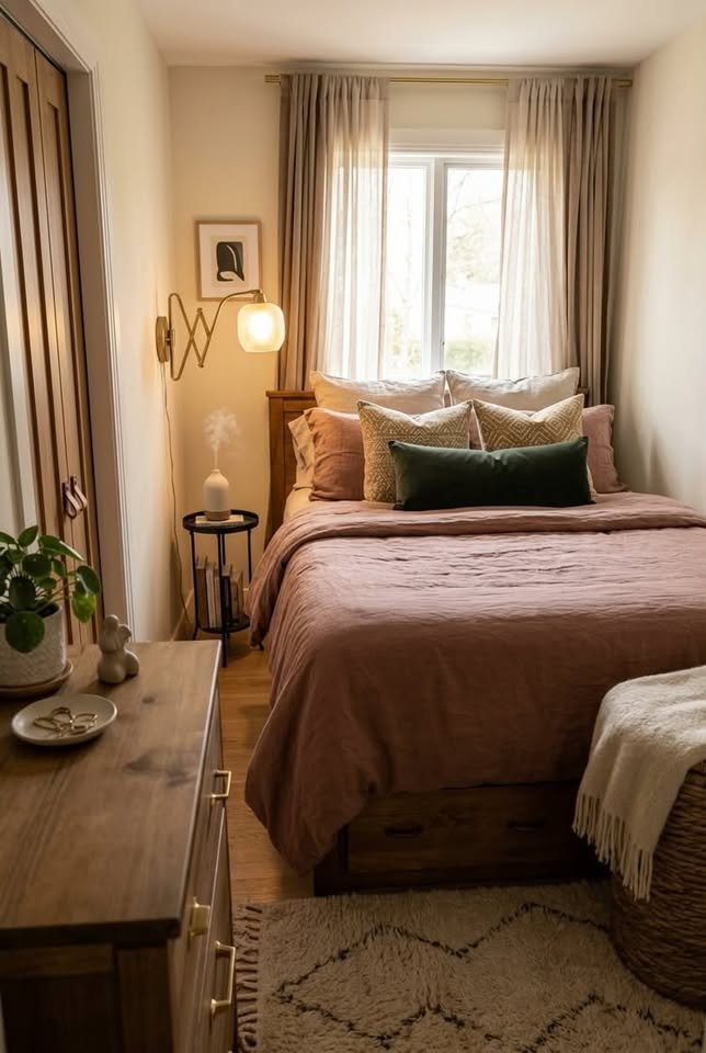  Queen bed against side wall in narrow bedroom with compact bedside table and wall sconce