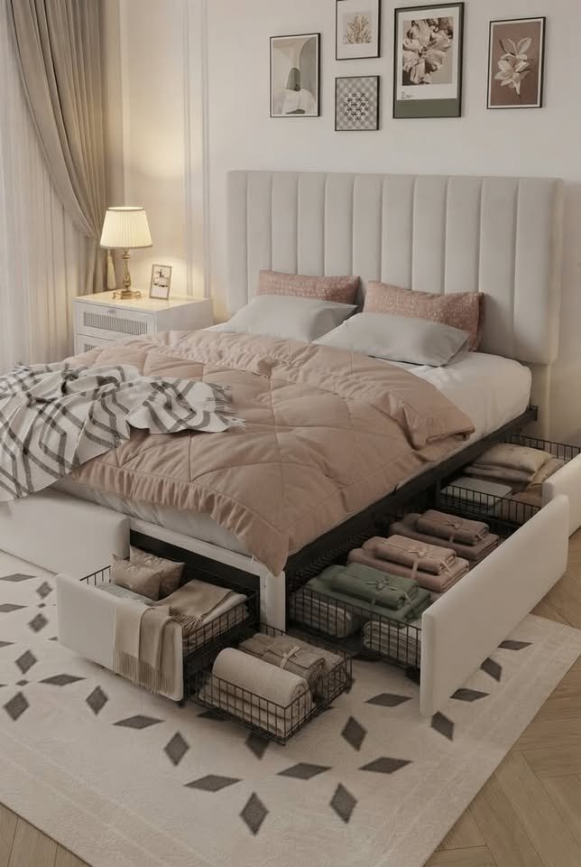 Queen bed with built-in storage drawers underneath in a small minimalist bedroom