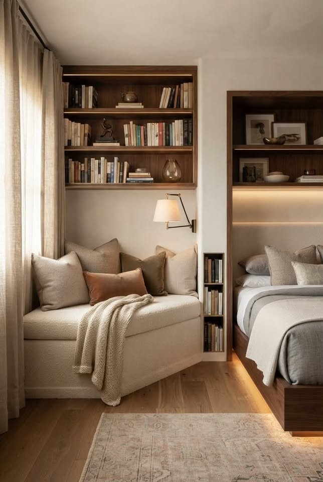 Small bedroom with queen bed and cozy reading nook in corner with floor lamp