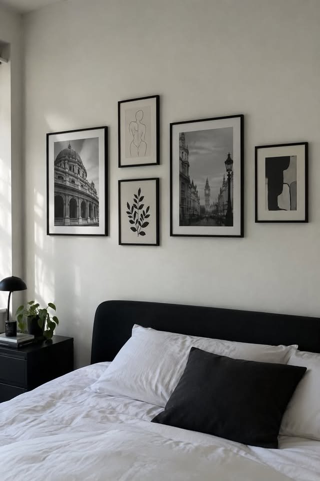 Black-framed monochrome gallery wall above a modern bedroom bed
