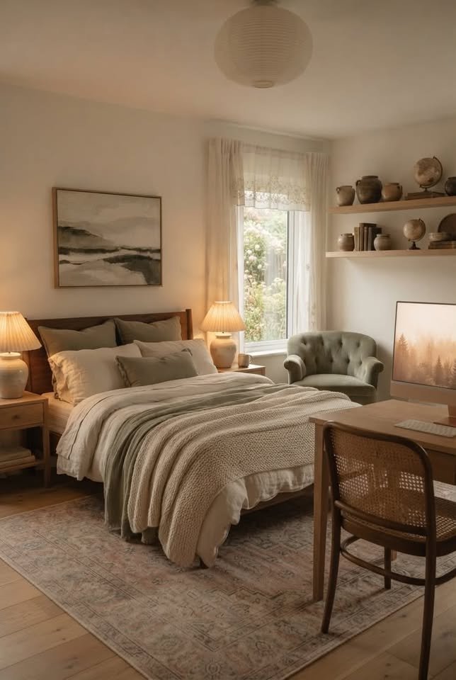 Small bedroom with queen bed and compact wooden desk beside the bed