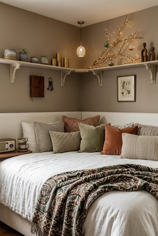  Queen bed tucked into corner of small bedroom with neutral bedding and floating shelves