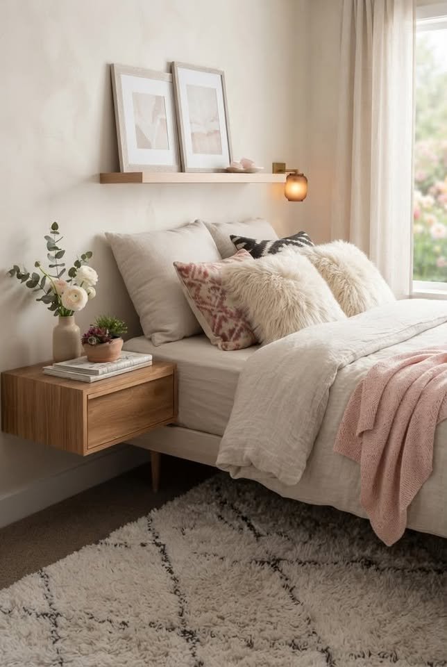 Small bedroom with queen bed and slim floating nightstands mounted beside the bed
