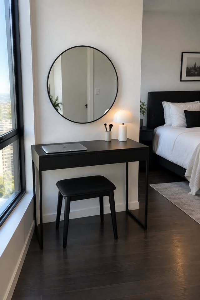 Black desk and round mirror in a modern black and white bedroom