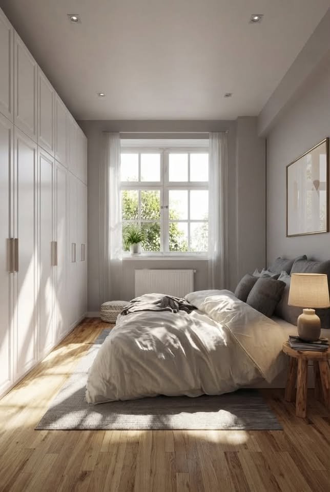 Queen bed opposite full-height white wardrobe in narrow small bedroom